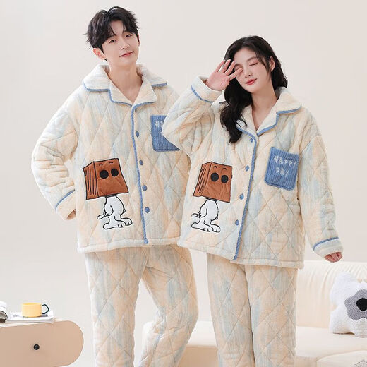 Victoria's style quilted couple's pajamas winter three-layer thickened warm coral velvet cotton home clothes for men and cute cotton jackets for women 7893 M Women