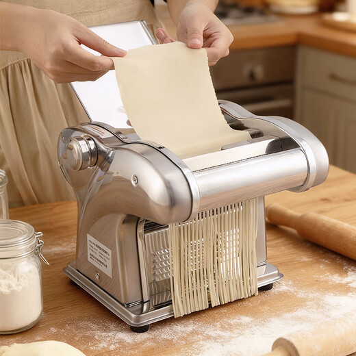 Baijie electric noodle press, household noodle machine, multi-functional wonton wrapper, dumpling wrapper and dough rolling machine, small noodle making artifact, silver two-knife type, thick copper wire, 8-speed adjustment, commercial use | high-quality stainless steel | Pengpai motor