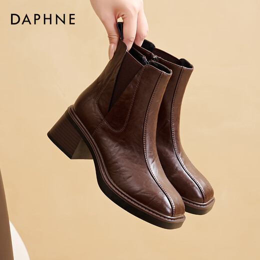 Daphne short boots for women new autumn and winter French high-heeled slim boots with temperament and versatile Martin boots for women brown plus velvet 37