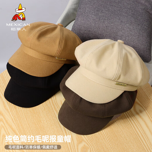 Scarecrow (MEXICAN) Hat Women's Autumn and Winter Octagonal Hat Versatile Big Head Circumference Showing Face Little Painter Hat Retro Beret Newsboy Hat Beige One Size