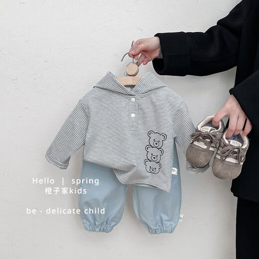New spring and autumn clothing for infants and young children, hooded sweatshirts for boys, striped cartoon tops for baby girls, fashionable solid color inner wear, stripes 80 80cm
