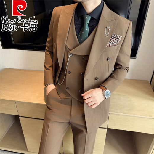 Pierre Cardin 2025 Autumn Striped British Style Double-Breasted Suit Men's Suit Wedding Groom Dress Business Casual Formal Medium Gray L