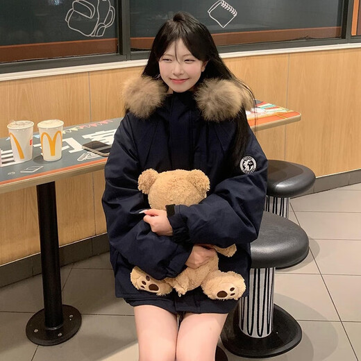 Down cotton-padded jacket for women in winter 2025 new style parka for women small, removable fur collar cotton-padded jacket, versatile jacket, navy blue, thickened, cold-resistant, non-running cotton, M recommended 100-120Jin Jin equals 0.5 kg