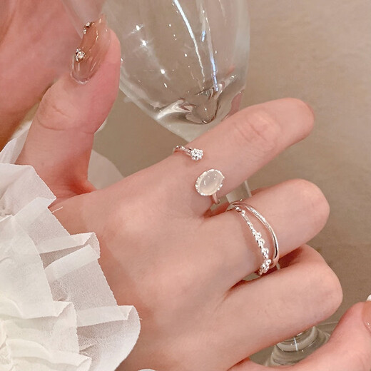 Dai Yan Gentle Wind Moonstone Open Ring Women's Niche Design Adjustable Index Finger Ring High-end Fashion Personalized Ring White Moonlight Textured Ring 2-piece Set