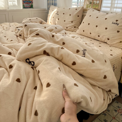 Nanjiren (Nanjiren) Jiangsu Nantong bed cover four-piece set milk velvet double-sided velvet baby duvet cover double 200x230cm velvet quilt cover love bow thick no velvet shedding thickened and warm bed cover style 1.5 four-piece set - quilt cover 200x230