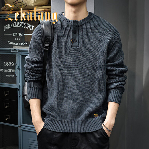 ZEKALANG 2025 Henry collar sweater for men in autumn, loose large size, long-sleeved American retro trendy casual sweater, Khaki S _Suitable weight 95-105Jin Jin is equal to 0.5 kg