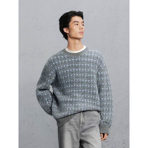 GXG Men's Wear Shopping Mall Checked Sweater Men's Loose Commuting Sweater, Coffee Bottom Blue Plaid 175/L