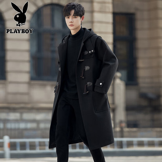 PLAYBOY Woolen Coat Men's Mid-Length Horn Button Windbreaker 2025 New Spring and Autumn Style British Style Woolen Coat Black 2XL