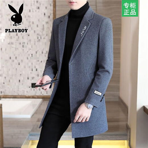 Playboy autumn and winter men's windbreaker mid-length Korean style slim woolen men's coat handsome high-end long woolen coat F81 black cotton thickened 2XL (130-145Jin Jin equals 0.5kg)