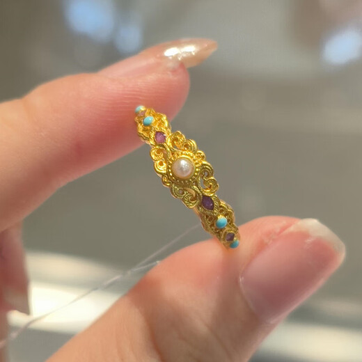 QMXD palace style Shao gold bead falling gold ring for women, ancient imitation gold sand index finger ring, long-lasting, light luxury and versatile single ring, Shao gold bead falling ring, opening adjustable