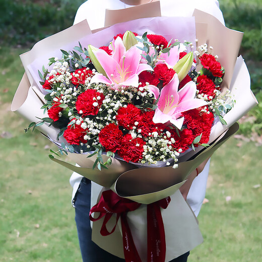 Xinyi Flower Express Roses and Carnations Bouquets as Gifts for Mom and Elders Nationwide Flower Delivery in the City 19 Carnations and Lilies Mixed and Matched Bouquets in Gypsophila Style
