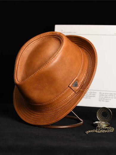 What a cool leather hat, men's autumn and winter hat, casual gentleman hat, middle-aged and elderly dad hat, elderly retro sheepskin cowboy hat, cowhide yellow-brown (4cm) brim 2XL (58-61cm) can be fine-adjusted