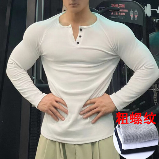 Chuangjingyi chooses fitness long-sleeved American Henry shirt long-sleeved threaded cotton retro men's tough guy raglan fitness show big Henry collar T Henry short-sleeved (black) M suitable for 50-60kg_tight slim fit