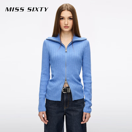 MISS SIXTY2025 new winter knitted jacket women's lapel two-way zipper wool blended twist sweater sky blue S