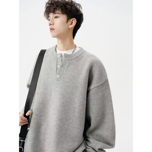 American Henry collar sweater for men in autumn and winter American retro casual lazy style solid color sweater for men light gray M