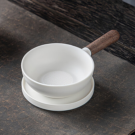 YIJUKE tea strainer with base, wooden handle tea drain, coarse ceramic tea filter, tea separator ceramic tea strainer