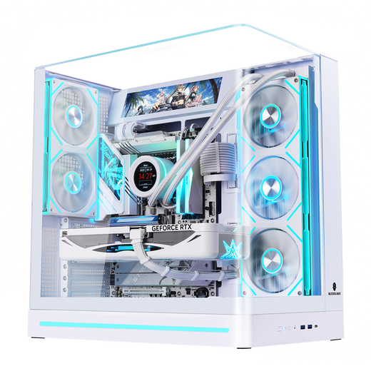 玩嘉问界PLUS白色一体式曲面玻璃海景房机箱游戏电脑台式机ATX/360水冷/背插三面侧透TypeC/ARGB灯条