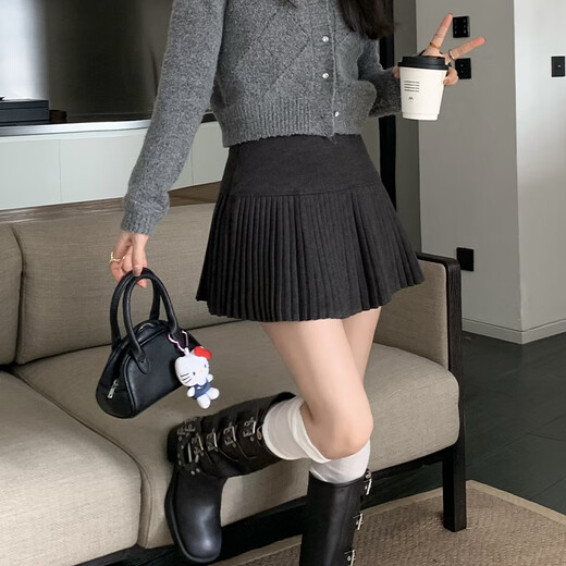 Lu Shanwu knitted pleated skirt woolen skirt anti-exposure A-line skirt women's autumn and winter versatile gray high-waisted skirt woolen pleated skirt short skirt dark gray M recommended 90-100Jin Jin equals 0.5 kg