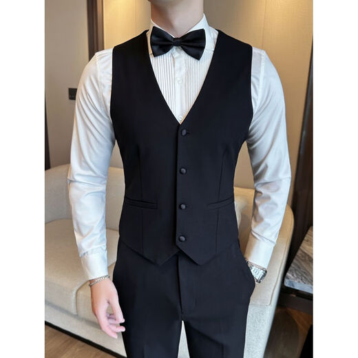 Groom's suit men's suit wedding sense tuxedo Korean style business casual double breasted suit 2502 black suit + vest + trousers free white shirt - tie M M90-105Jin Jin equals 0.5 kg