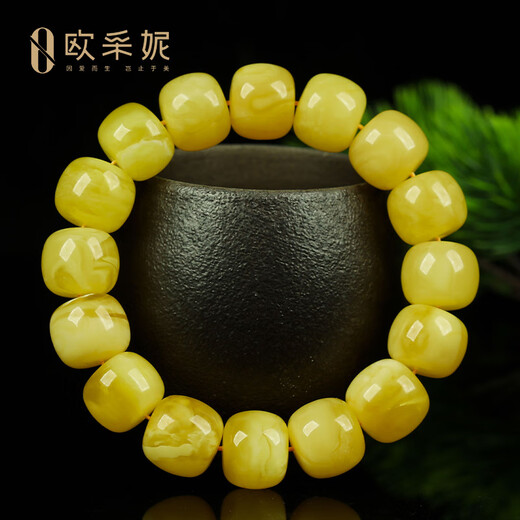 OUCERNY beeswax bracelet, collection of old-shaped large barrel beads, natural amber tiger skin non-optimized bracelet, antique Russian material, unique product