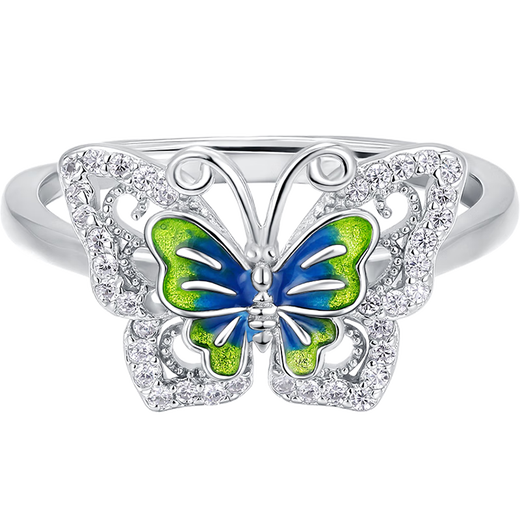 Lao Fengxiang silver 925 enamel butterfly ring with zircon as a holiday and anniversary gift for girlfriend and wife. Silver 925 enamel butterfly with zircon ring.