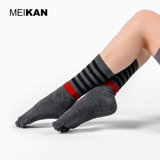 Meikan yoga socks, mid-calf socks, sliding socks, sports socks, long socks, toe socks, Pilates socks, black*2