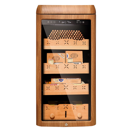 VINGARDE cigar cabinet, constant temperature and humidity cigar humidifier, refrigerator, ionized ammonia purifier, WiFi intelligent control, variable frequency compressor, air-cooled, frost-free, cedar wood alcohol nourishment, home box, naked nourishment, 2nd generation, yellow wood grain, inverter model, 600-800 pieces, 118L