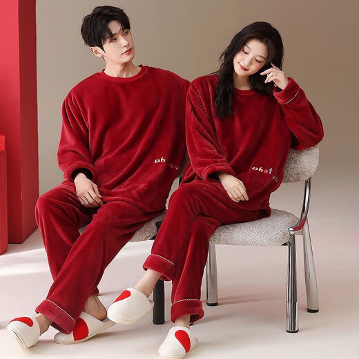 Victoria style coral pajamas for couples red newlywed flannel zodiac year home clothes for men autumn and winter wedding thickened suit A58772 female 58771 male M female