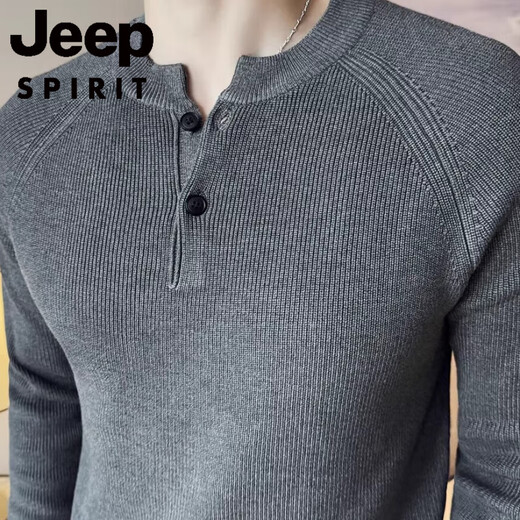 JEEP SPIRIT2025 new autumn henley collar men's yuppie sweater POLO bottoming shirt solid color thickened sweater trend white M