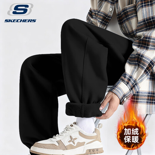 Skechers sweatpants men's velvet pants 2025 winter new fitness running trousers loose black casual warm sweatpants M154-0018 carbon black velvet S/165