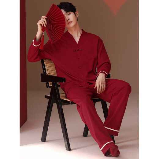 Yalu Red Couple Pajamas Pure Cotton Long Sleeve Wedding Suit for Men and Women for Spring and Autumn Chinese Style Festive Home Clothes Female M+ Male L M BY-Male 7211-Female 6211 Long Sleeves + Trousers