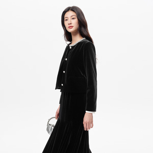Claire Tier Celebrity Style Autumn Gold Style Velvet Beads Short Fragrance Jacket Collarless Black L