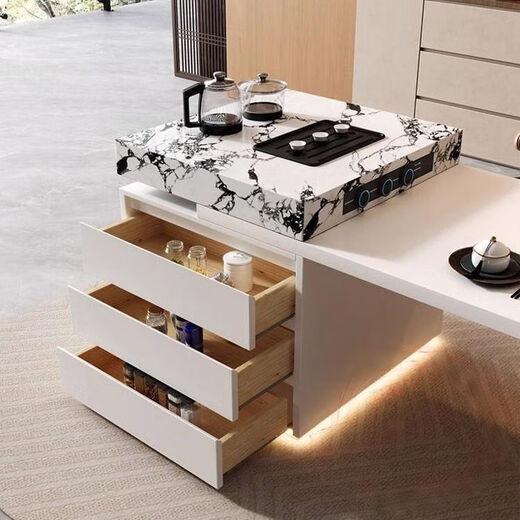 Shanghuashi island dining table integrated modern simple light luxury retractable dining table small apartment living room home dining table and chairs complete set 1.6 meters total length 1.95 (total length after telescopic 2.4 meters) hanging rock plate + slide rail socket (induction cooker model)