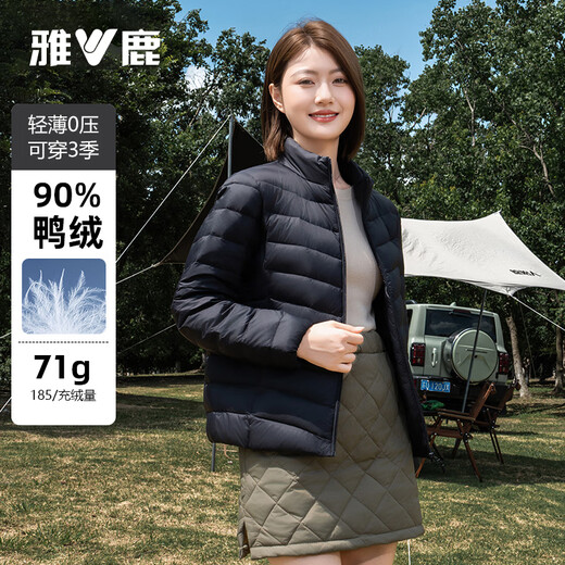 Yalu Down Jacket Women's Lightweight Autumn Down Stand Collar Simple Solid Color Slim Fit Warm Short Jacket Black 175