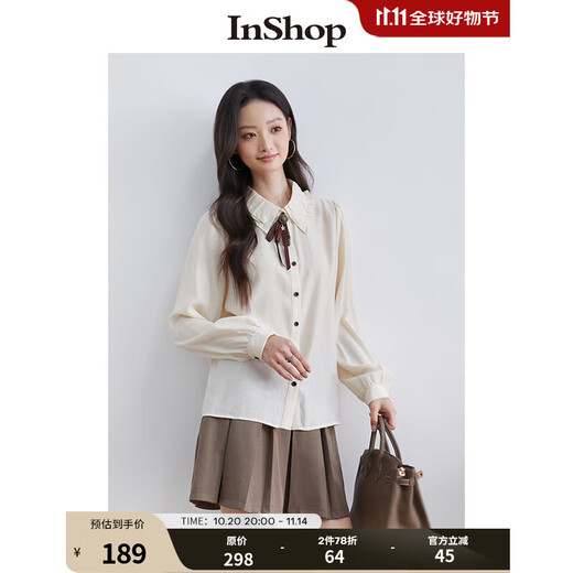InShop shopping mall same style new women's retro literary college style bow tie shirt age-reducing long-sleeved top apricot S