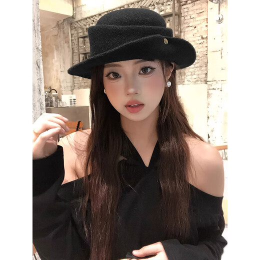 Zhunwu Qianjin top hat women's hat autumn and winter 2025 new woolen fisherman hat felt hat basin hat winter hat Hepburn style elegant French Qianjin style curled black top hat