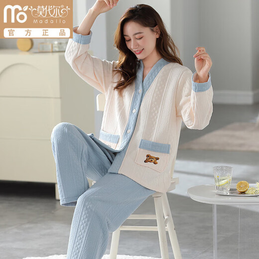 莫代尔三层夹棉睡衣女秋冬新款长袖大码空气棉夹层加厚套装可外穿家居服 4839 L 建议110-120斤