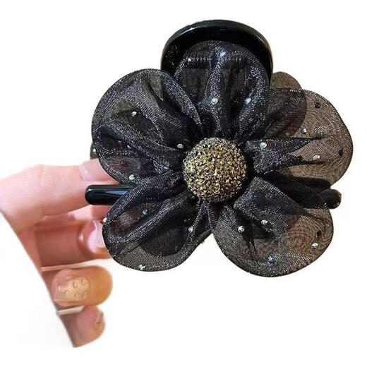 2025 New Mesh Flower Clip Feminine Shark Clip Half-tied Hairpin High Ponytail Korean Style Back of Head Hair Black Flash Diamond Sunflower Clip 1 Pack