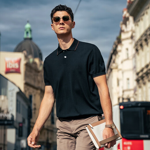 Mr. Bu machine washable lapel cardigan T-shirt 2025 autumn new solid color business sweater short-sleeved bottoming shirt BT16888 piano black M (170)