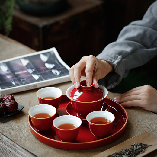 SUSHI CERAMICS tea set set with red lidded bowl plus 4 teacups with ceramic tray, wedding tea ceremony, Kung Fu tea set gift set