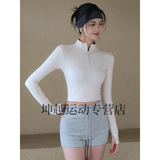 Yudong Velvet Warm Yoga Jacket Women's Autumn and Winter Half-Zip Stand Collar Sports Top Pilates Fitness Long Sleeve Eggnog White Velvet Lining/Slim Fit S Recommended 80-95Jin Jin equals 0.5kg