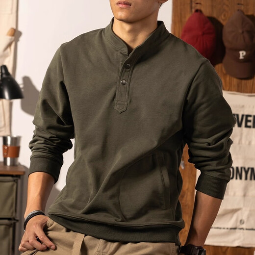 Kazuki Kuraishi KAZUKI KURAISHI trendy brand retro Henley collar sweatshirt men's 2025 autumn and winter Japanese pullover stand collar pure cotton heavyweight long-sleeved Henley shirt black M