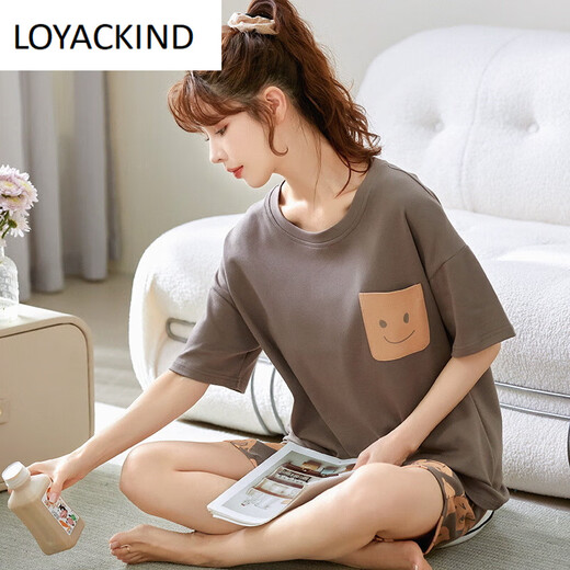 LOYACKIND Pyjamas pour Femmes Été Coton Mince Mignon Style Coréen Étudiant à Manches Courtes Deux-Pack Printemps et Automne Lâche Été Vêtements de Maison Marron GXT6636 Couleur de l'image XL (Recommandé 115-130 Jin Jin équivaut à 0,5 kg)
