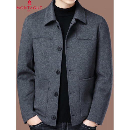 Montagut Double-sided Cashmere Coat Men's Middle-aged Autumn and Winter Short Lapel Jacket Wool Woolen Casual Jacket Black 2XL 185/100A