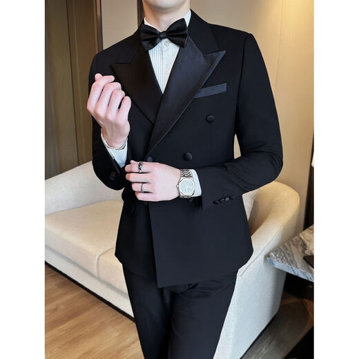 Groom's suit men's suit wedding sense tuxedo Korean style business casual double breasted suit 2502 black suit + vest + trousers free white shirt - tie M M90-105Jin Jin equals 0.5 kg