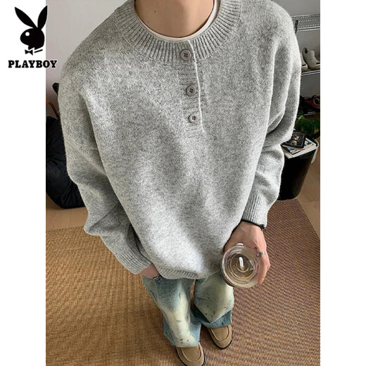 Playboy (PLAYBOY) Gray American Henley Collar Sweater Men's Early Autumn Feeling Lazy Style Bottoming Sweater Cleanfit Inside Light Gray Upgraded Model M (95-115Jin Jin is equal to 0.5kg)