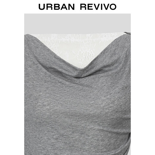 UR2026 spring new women's holiday pleated stitching lace one-shoulder long-sleeved T-shirt UWJ450159 floral gray (fabric slightly see-through) S