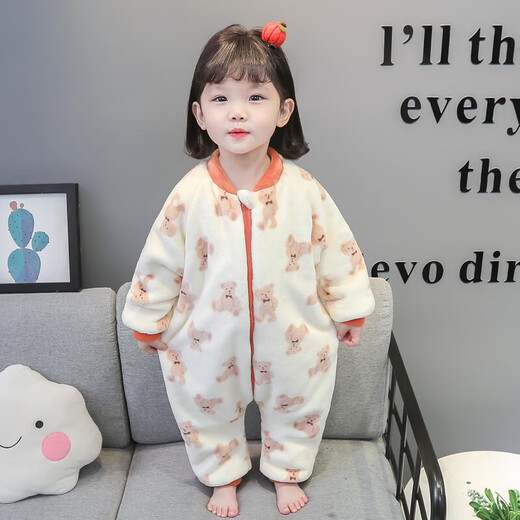 Langsha children's one-piece pajamas coral velvet baby girl autumn and winter plus velvet thickened flannel crawler cartoon baby sleeping bag pink double layer plus velvet thickened room temperature 0-10 degrees M 80cm recommended for 0-1 years old