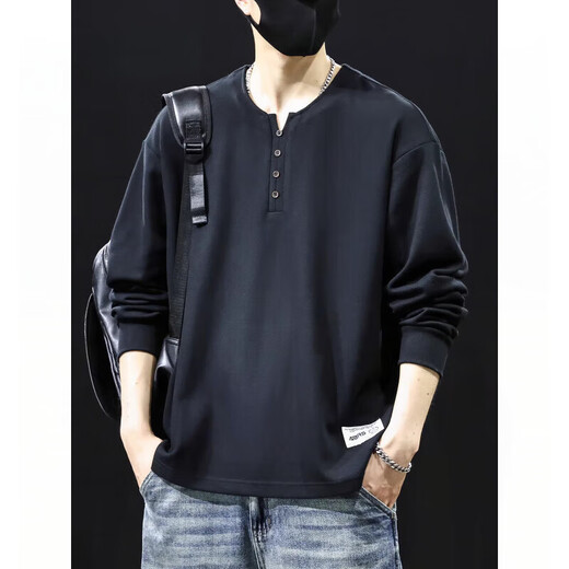 Dragon Tooth 320g Heavy Cotton Bottoming Shirt Men's 2025 Autumn New Henley Collar Sweatshirt Men's Long Sleeve Top T-Shirt BN201 Black M 90-110Jin Jin is equal to 0.5 kg