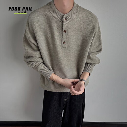Foss Phil American Henry collar sweater for men in autumn and winter lazy style pullover loose coat sweater JM25821 floral gray L